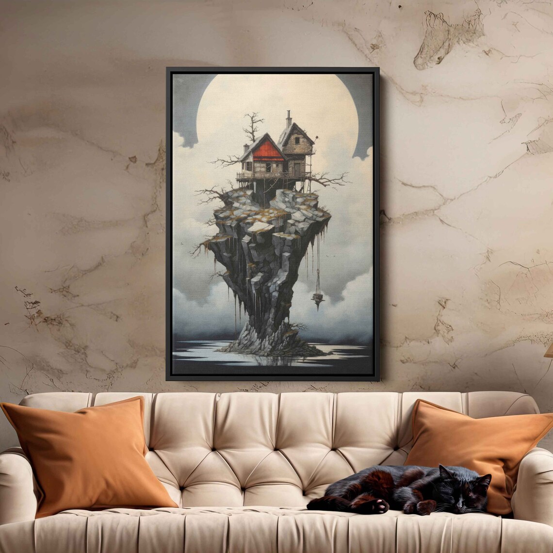 Surreal House On Rocky Island Full Moon Dreamy Fantasy Home Art - Image 3