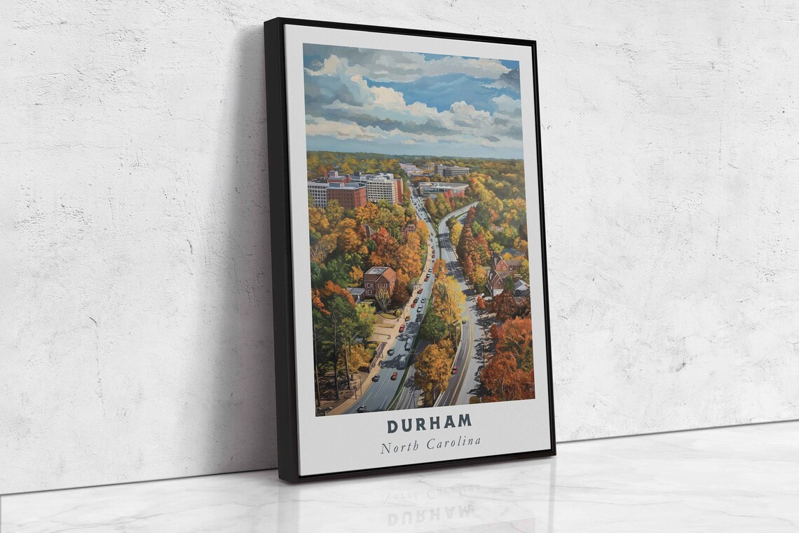 Durham North Carolina Autumn Trees Aerial City View Art Poster - Image 2