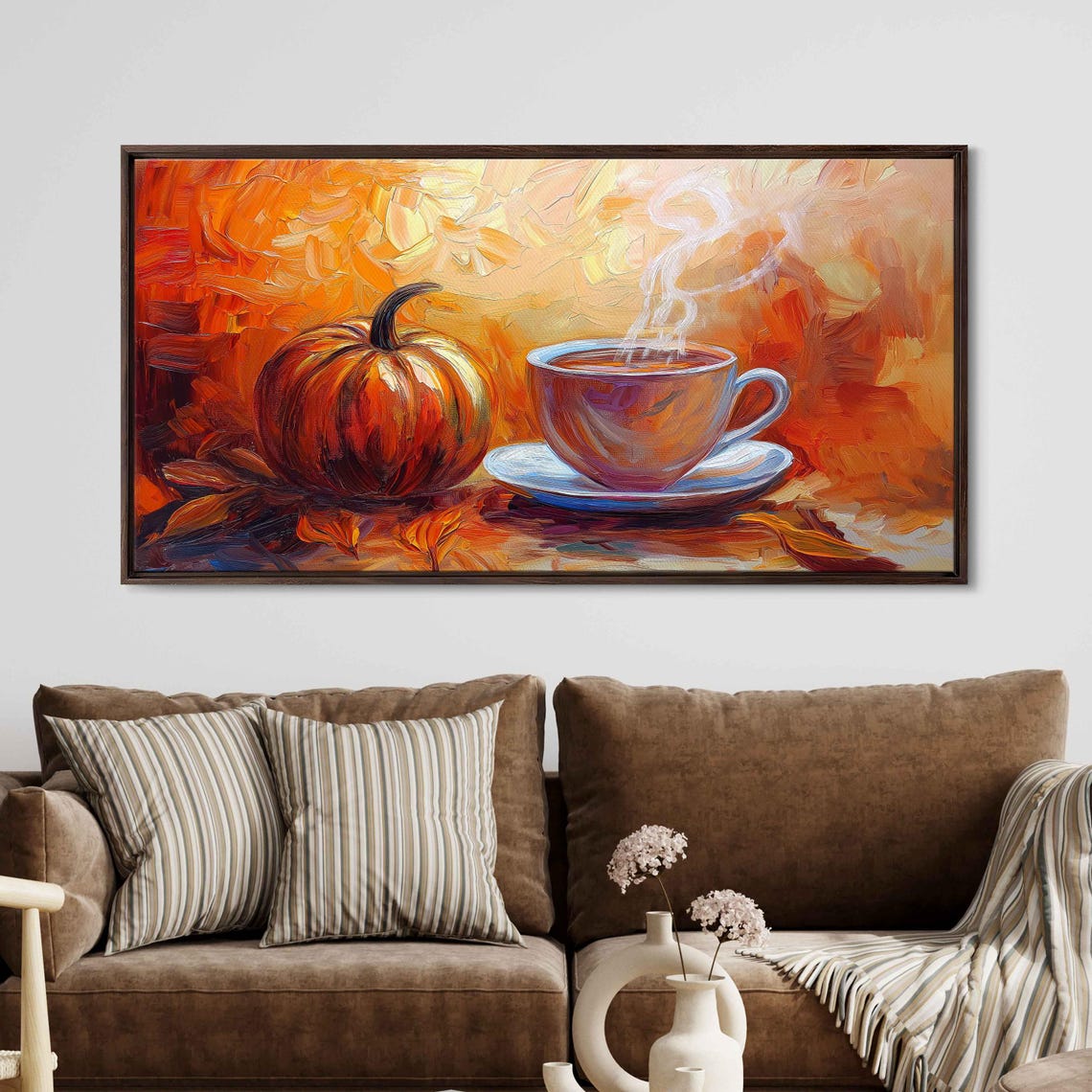 Steaming Teacup With Pumpkin On Fiery Orange Abstract Art Print