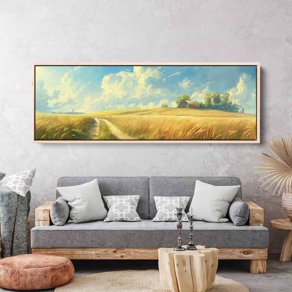 Minimalistic Rural Countryside Panoramic Landscape Wall Art Print Farmhouse In Wheat Field Country Sunset Ready To Hang