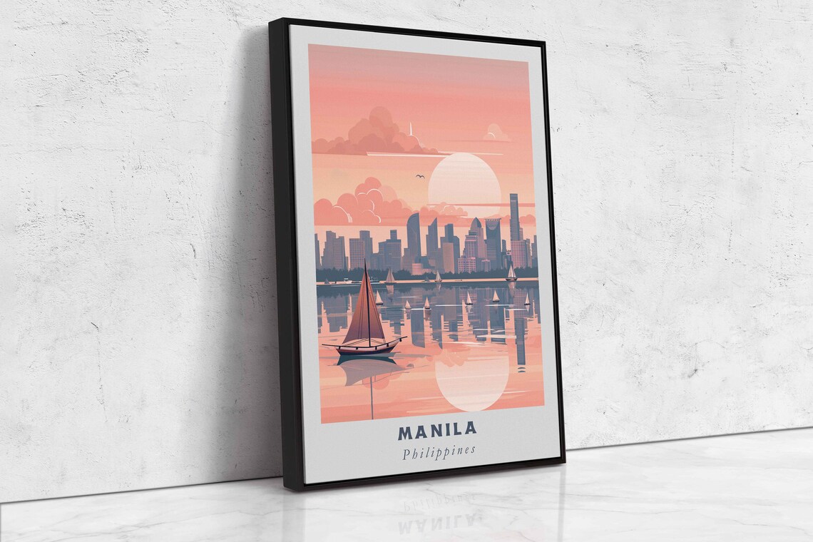 Manila Philippines Sunset Bay Skyline Sailboats Pink Sky Travel Poster - Image 2