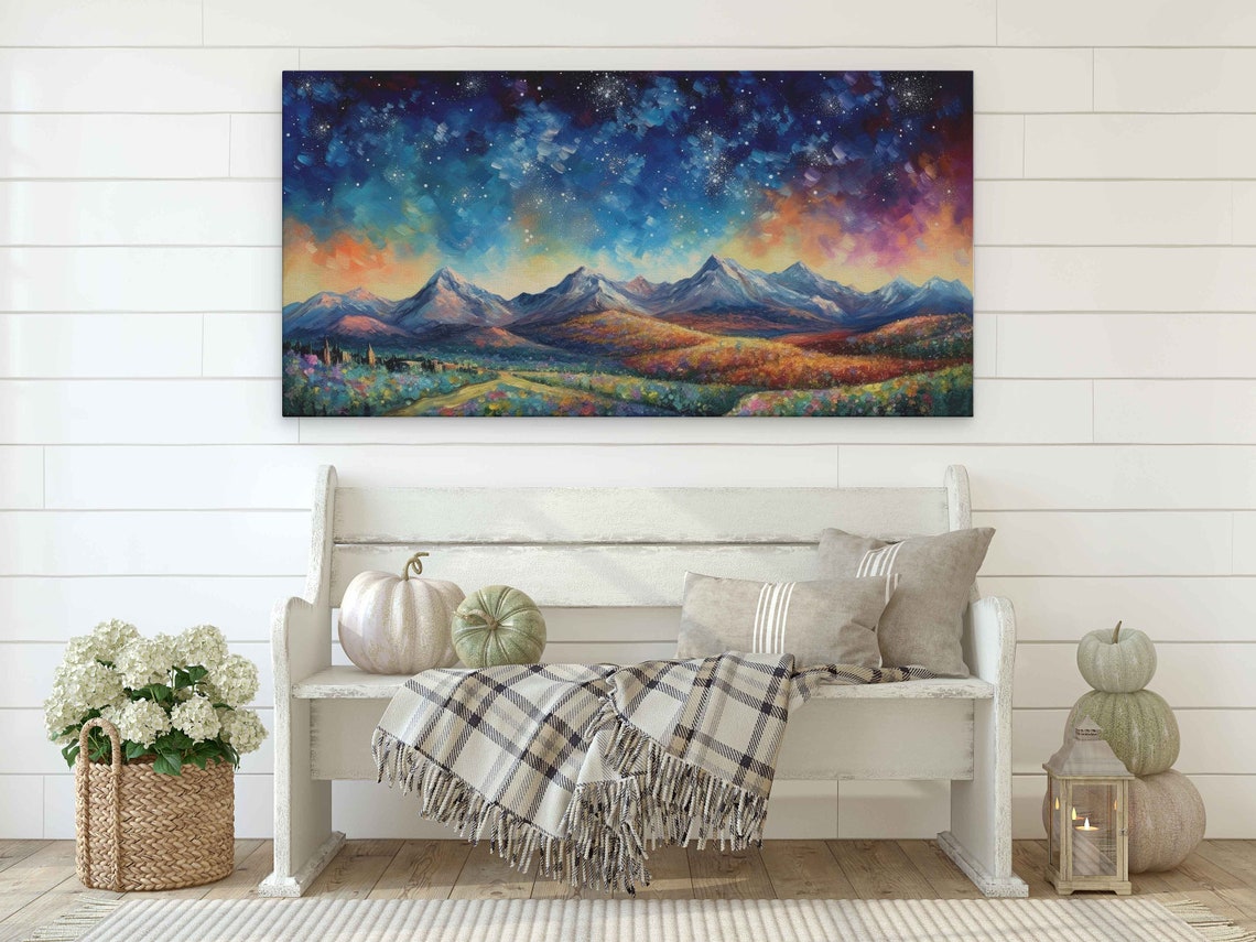 Starry Night Mountain Range Colorful Rolling Hills Painting Poster - Image 4