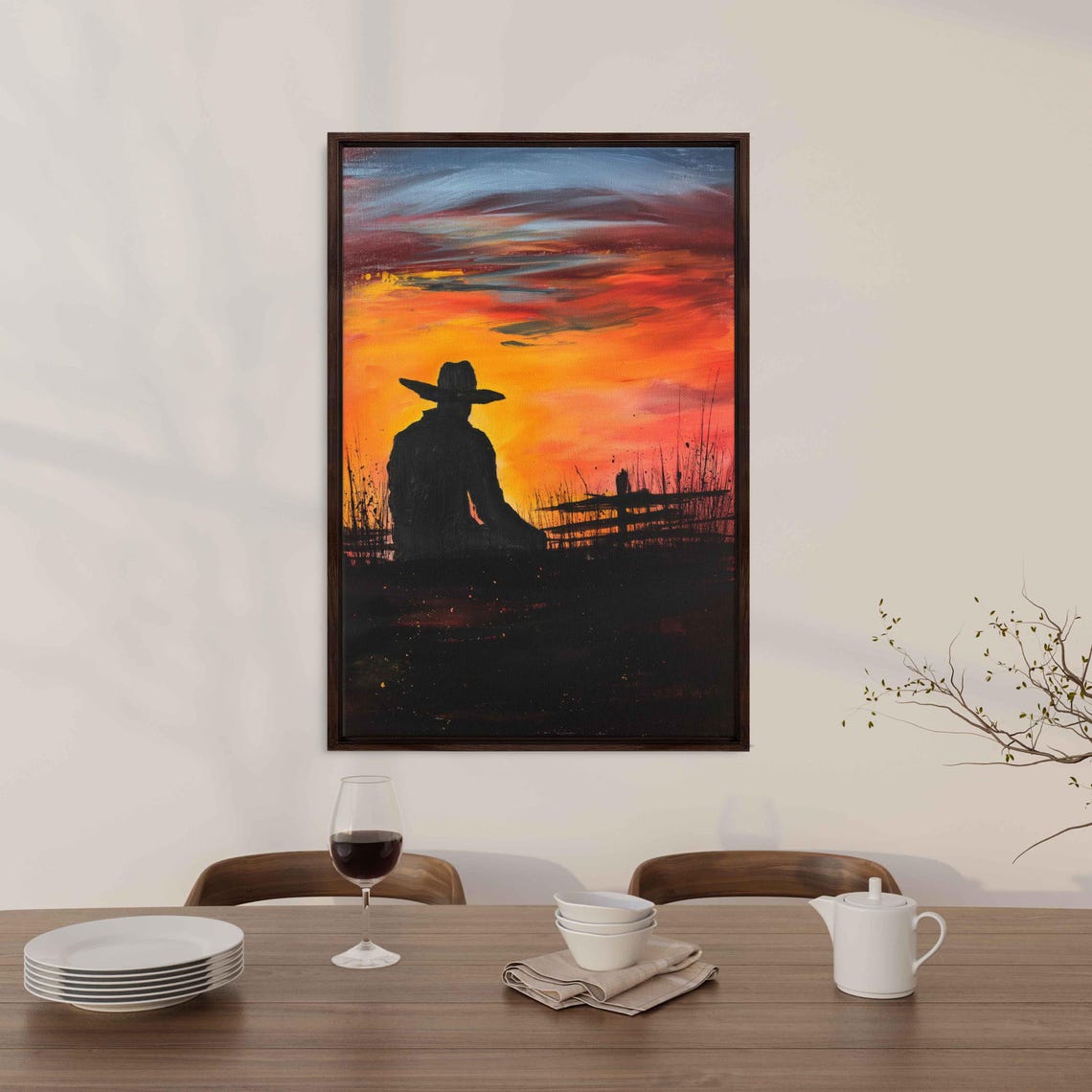 Cowboy Silhouette Watching Sunset Fiery Orange Western Poster - Image 3