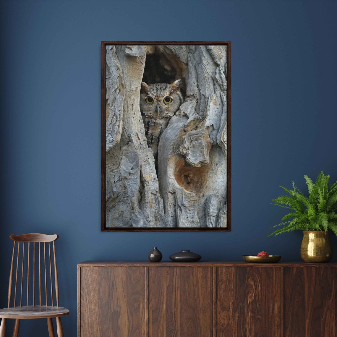 Great Horned Owl Peeking From Tree Hollow Wildlife Art Print - Image 3