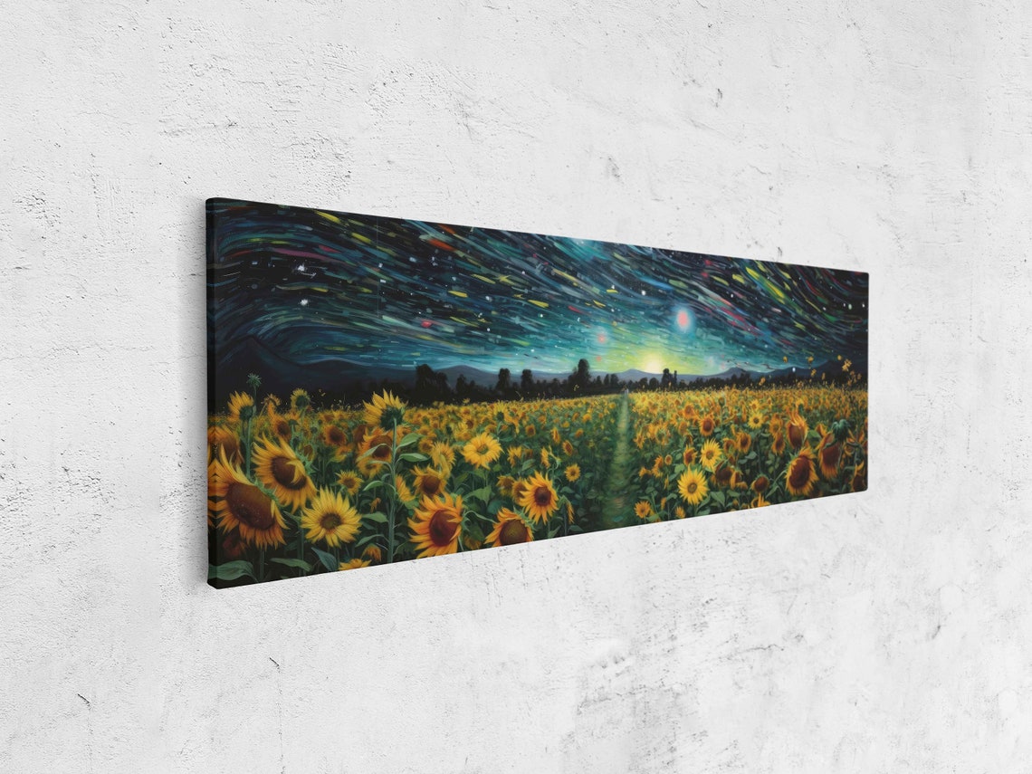 Sunflower Field Starry Night Panoramic Wall Art Print Ready To Hang - Image 4