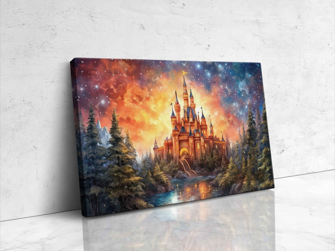 Fairy Tale Castle Fiery Sunset Galaxy Sky Lake Pine Forest Poster - Image 4