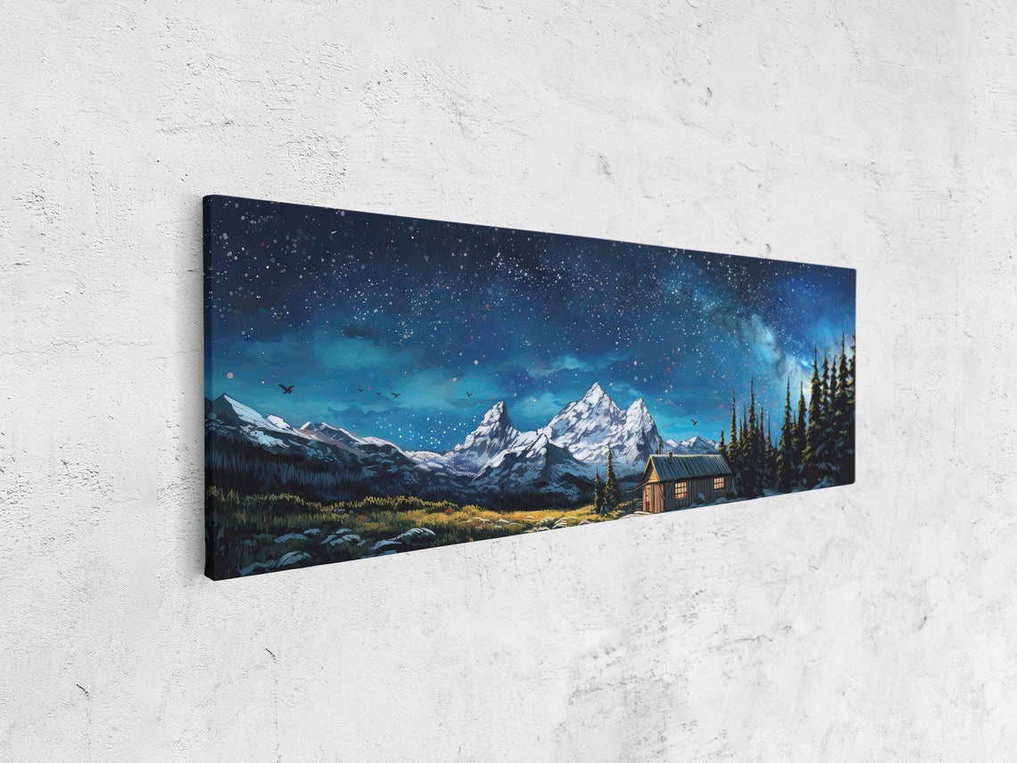 Panoramic Cabin Under Milky Way Night Sky Snowy Peaks Forest Wall Art - Image 4