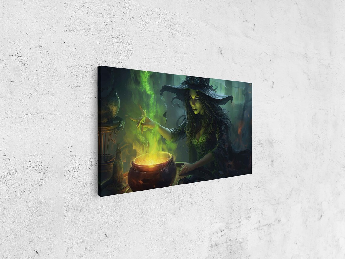 Dark Witch Brewing Green Potion Cauldron Magic Flames Fantasy Art Print - Image 4