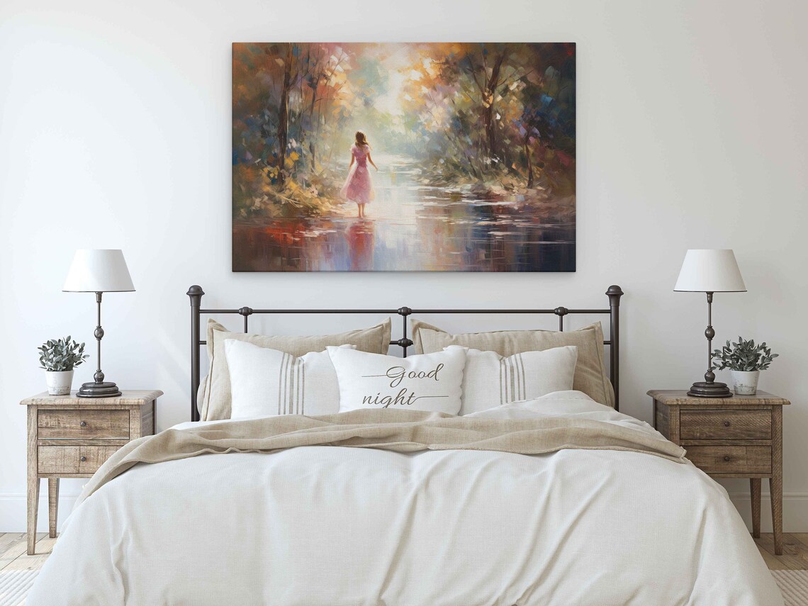 Girl in Pink Dress Walking Forest River Impressionist Art Poster - Image 3