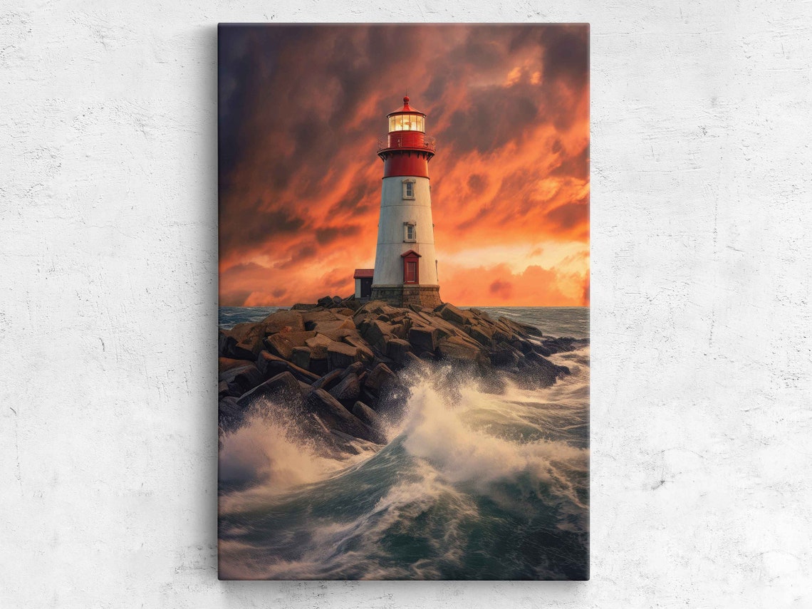 Lighthouse on Rocky Island Waves Crashing Sunset Ocean Decor Poster