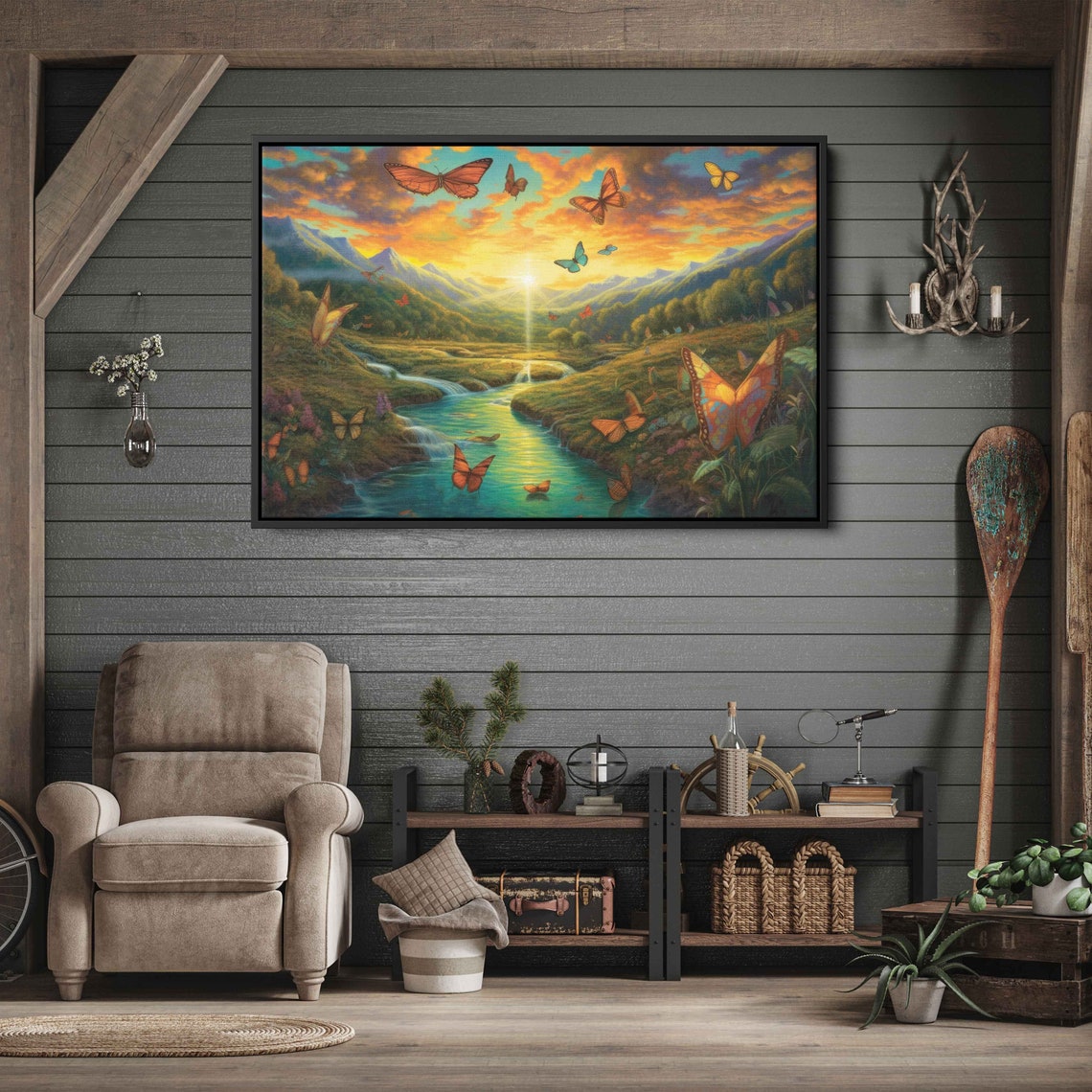 Monarch Butterfly Valley Sunset Mountain Stream Nature Art Print - Image 2