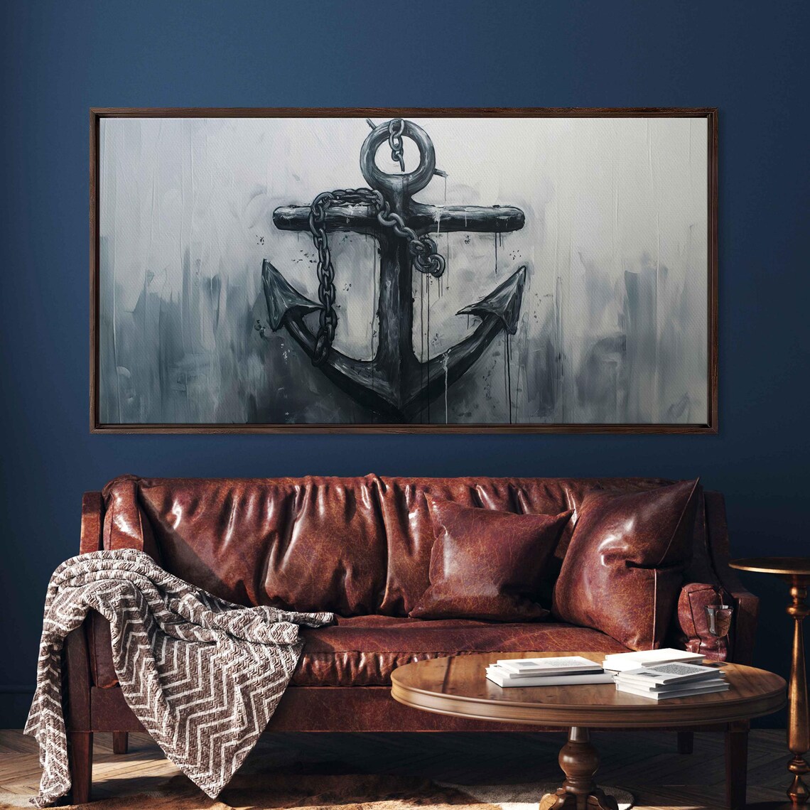 Black Anchor With Chain Gray Wash Watercolor Nautical Art Poster - Image 3