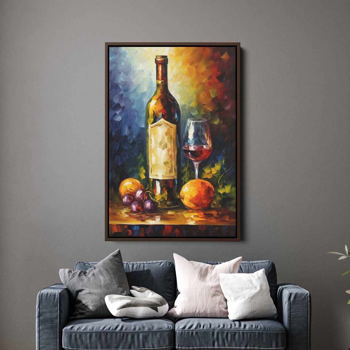 Wine Bottle Glass Red Wine Grapes Still Life Colorful Oil Painting Art Print - Image 2