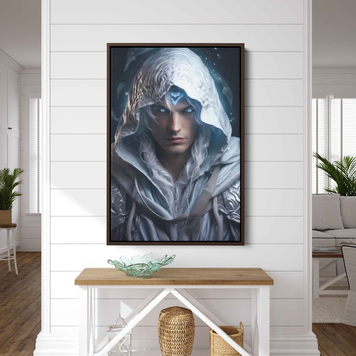 Hooded Ice Mage Fantasy Portrait Glowing Blue Gem Video Game Wall Art - Image 3