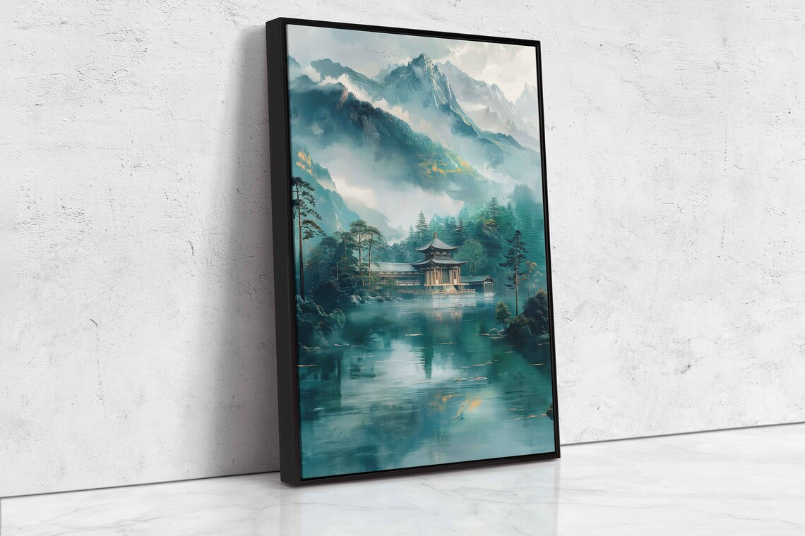 Asian Pagoda Misty Mountains Lake In Forest Painting Framed Print Ready To Hang - Image 4