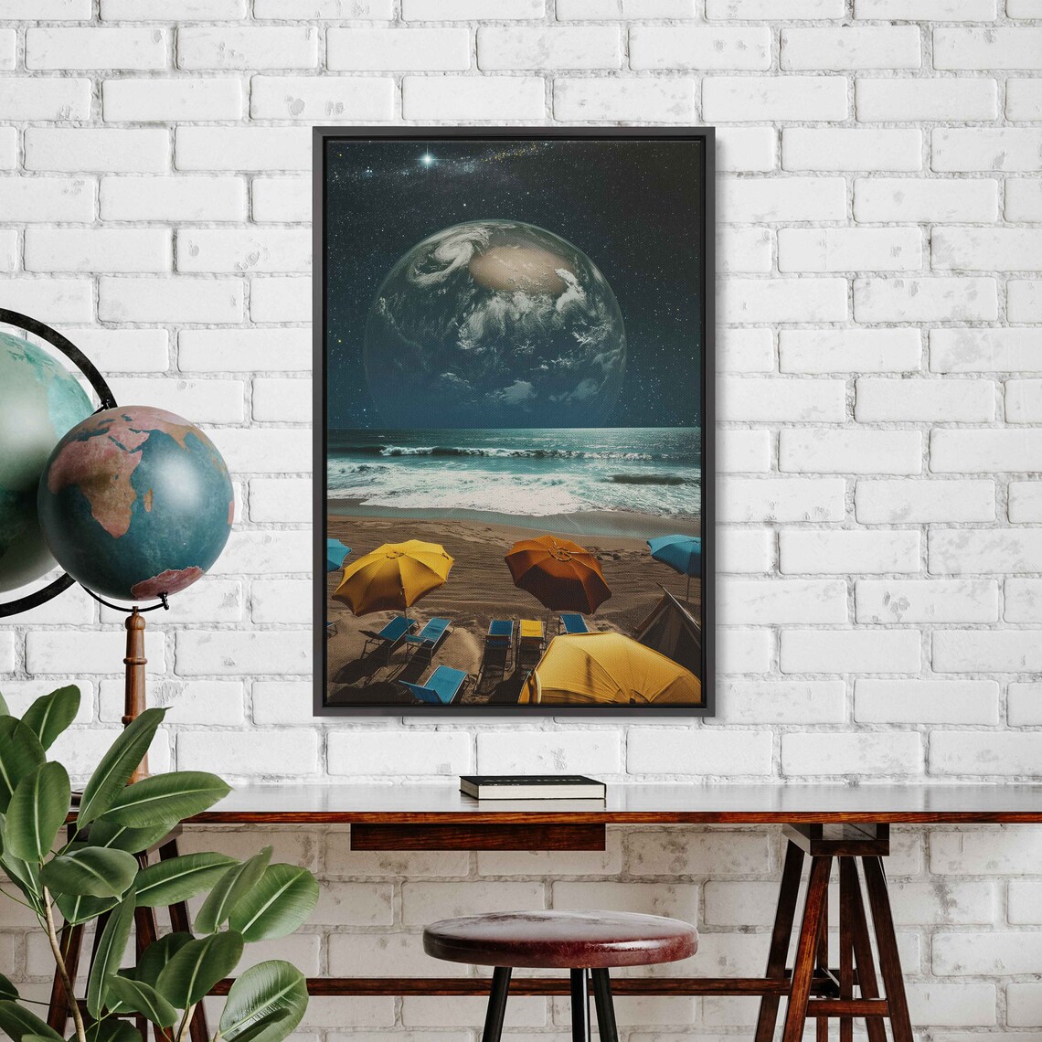 Beach Umbrellas Giant Earth Planet Night Sky Surreal Ocean View Wall Poster - Image 2