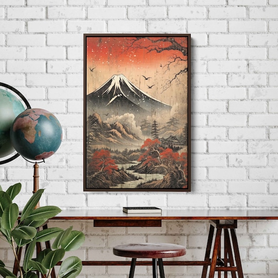 Japanese Volcano Painting Ukiyo E Style Art Vintage Art Framed Print Ready To Hang Rainy Art Rainy Day Office Decor