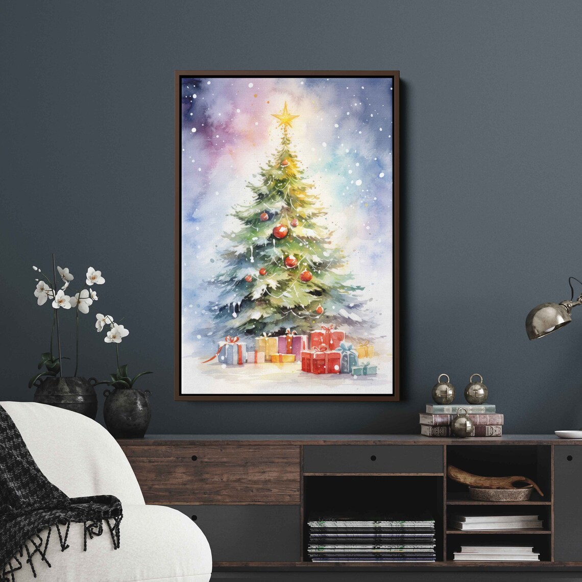Cozy Watercolor Christmas Tree Gold Star Gifts Holiday Poster - Image 3