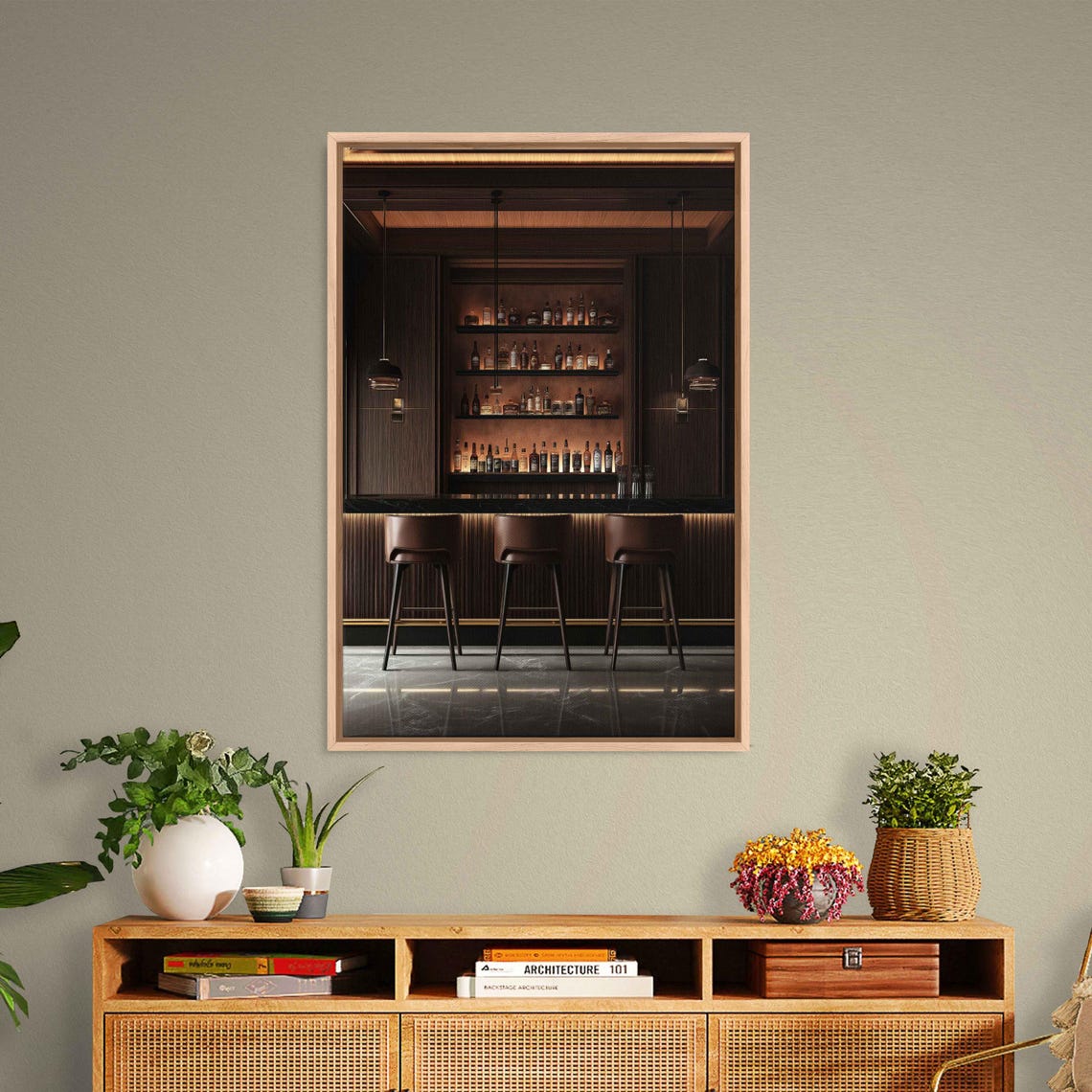 Dark Moody Home Bar Interior With Bottle Shelves And Stools Poster