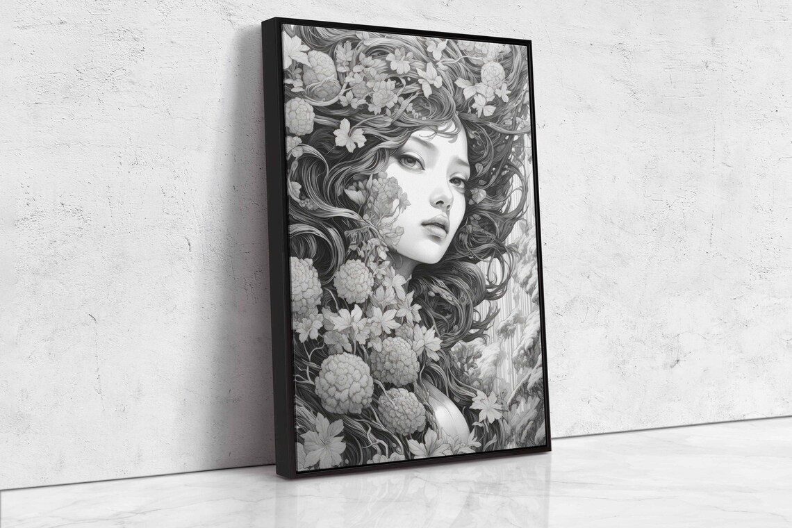 Monochrome Line Art Woman Portrait With Intricate Floral Hair Print - Image 4