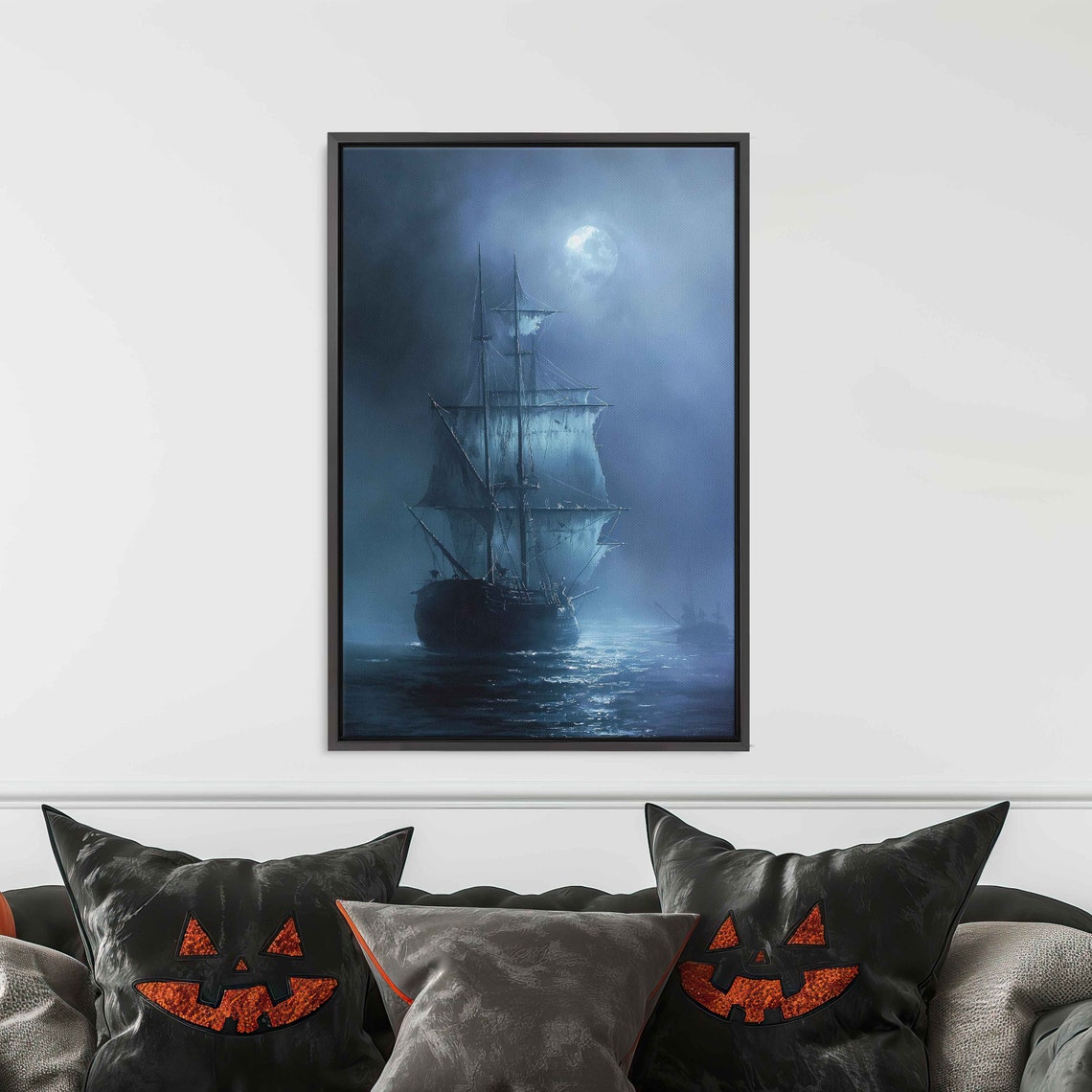 Ghost Ship Under Moonlight Blue Fog Dark Nautical Gothic Wall Art - Image 3