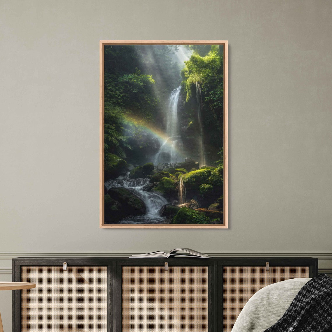 Waterfall Rainbow Cascading Down Moss Covered Rocks Wall Art Print Tropical Landscape Tranquil Art Ready To Hang - Image 3