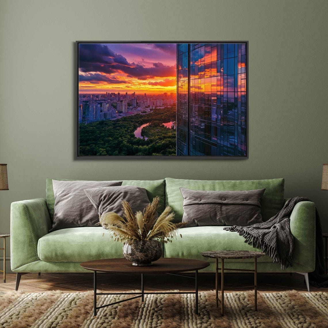 Aerial View Of Modern Skyscraper Wall Art Print Sunset Reflections Cityscape Lush Greenery