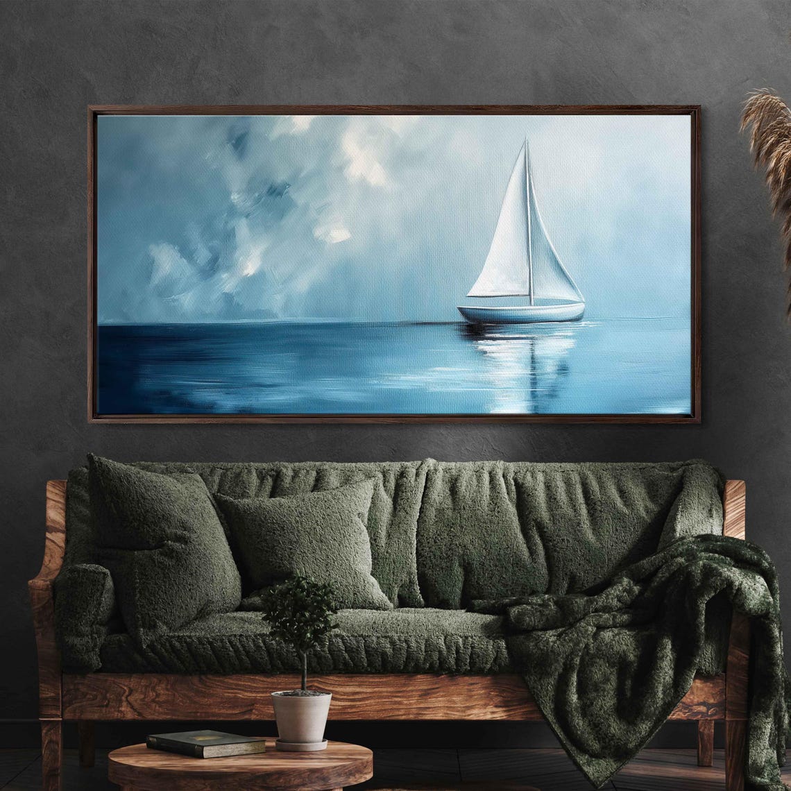 Lone Sailboat On Calm Sea Under Soft Misty Blue Cloudy Sky Poster - Image 3