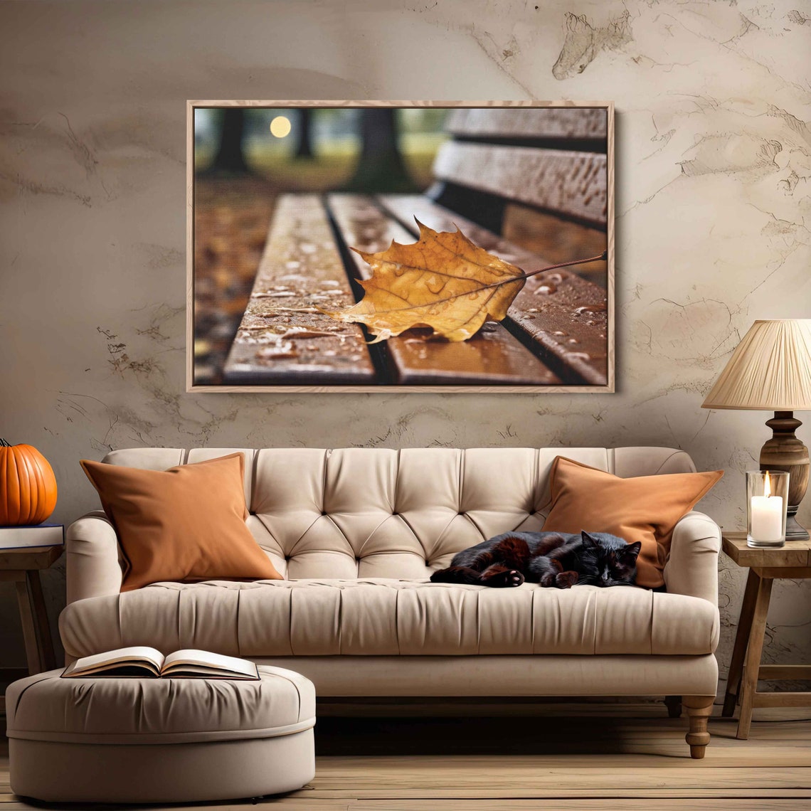 Autumn Leaf With Rain Droplets On Wooden Bench Rainy Day Art Print
