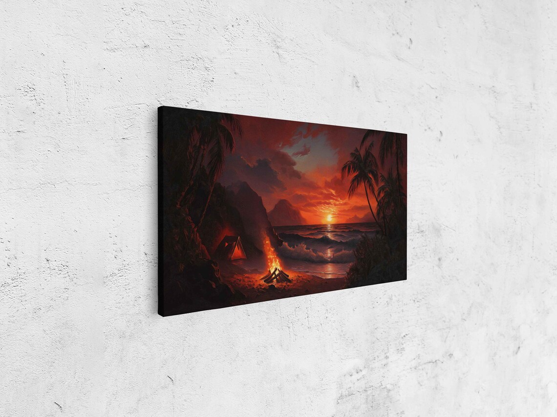 Dramatic Beach Camping Scene, Sunset Ocean Waves - Image 4