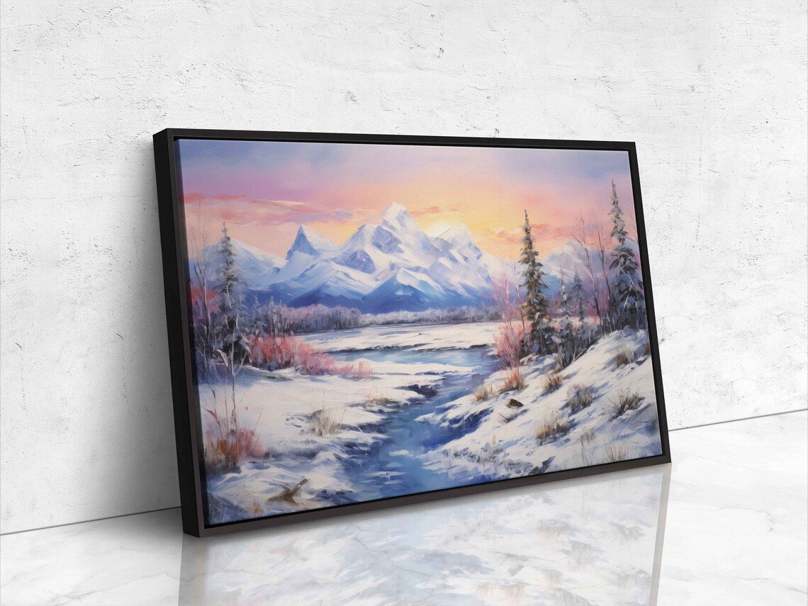 Snowy Mountain Sunrise Winter River Frosted Pines Landscape Painting Poster - Image 4