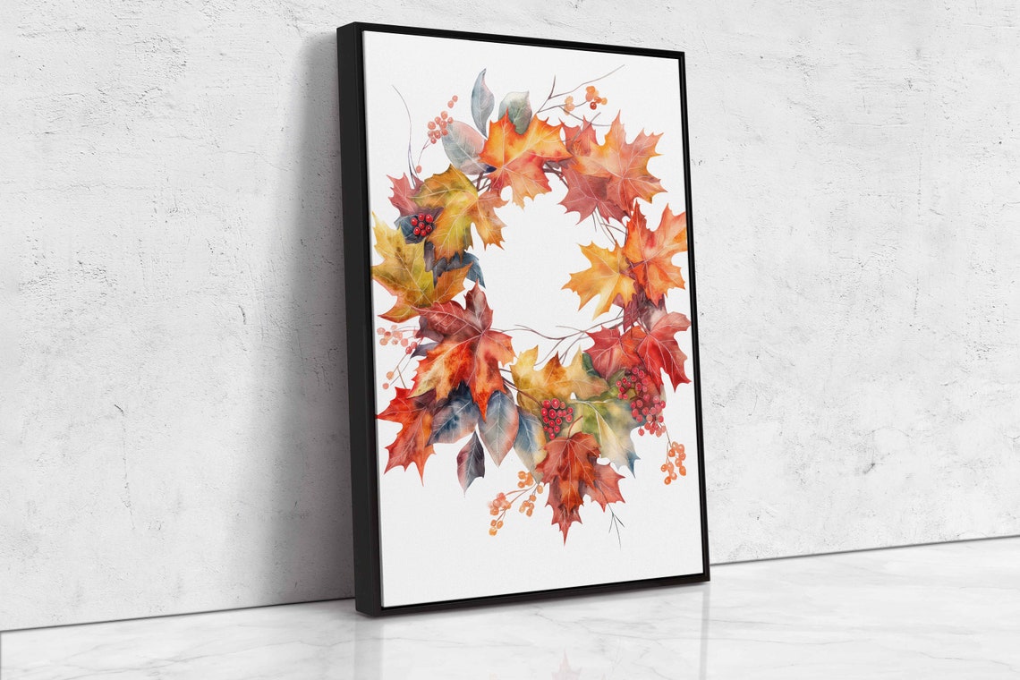 Fall Maple Leaf Wreath With Bright Red Berries Watercolor Art Poster - Image 4