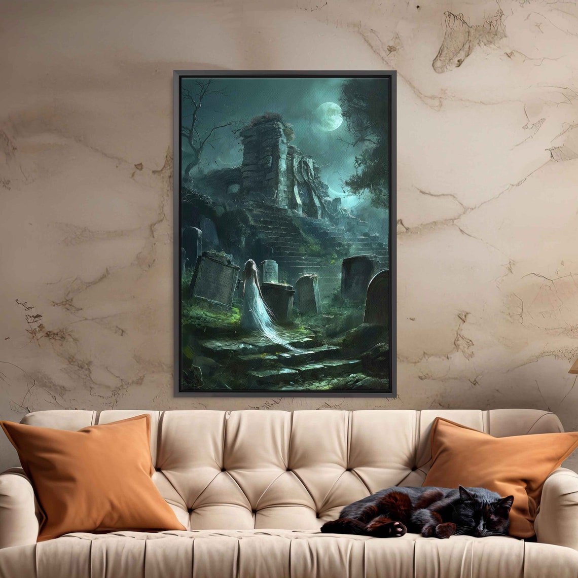 Ghostly Bride Haunted Cemetery Moonlit Ruins Eerie Night Art Poster - Image 3