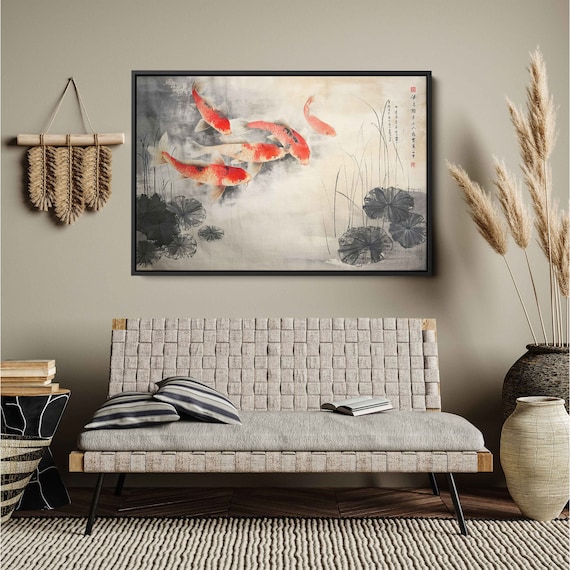 Koi Fish In Pond Traditional Asian Painting Framed Print Ready To Hang