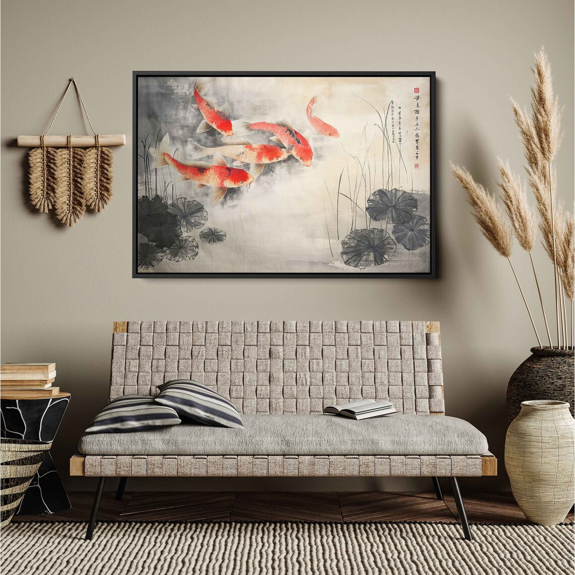 Koi Fish In Pond Traditional Asian Painting Framed Print Ready To Hang