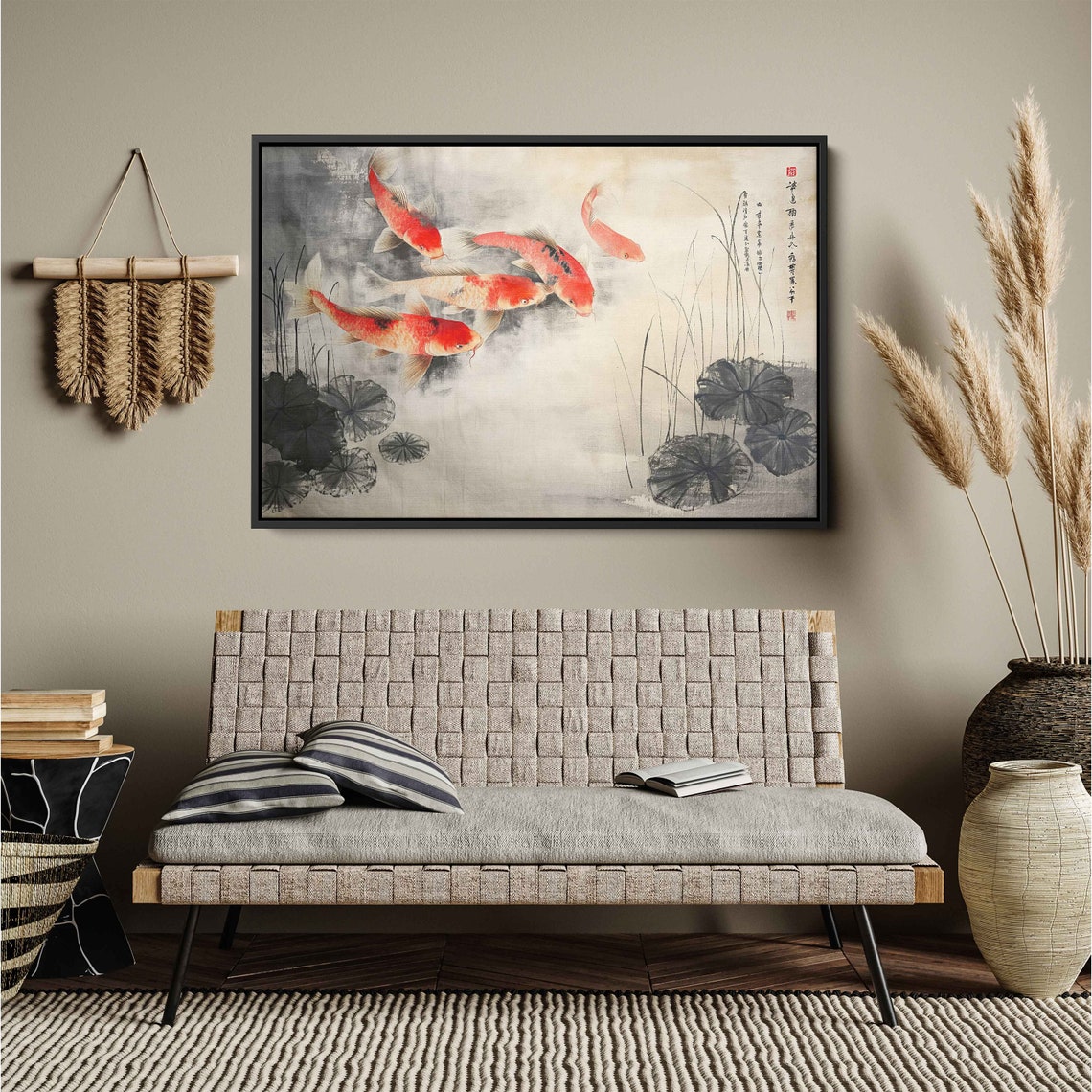 Red Koi Fish Pond Traditional Asian Ink Painting Wall Art Poster