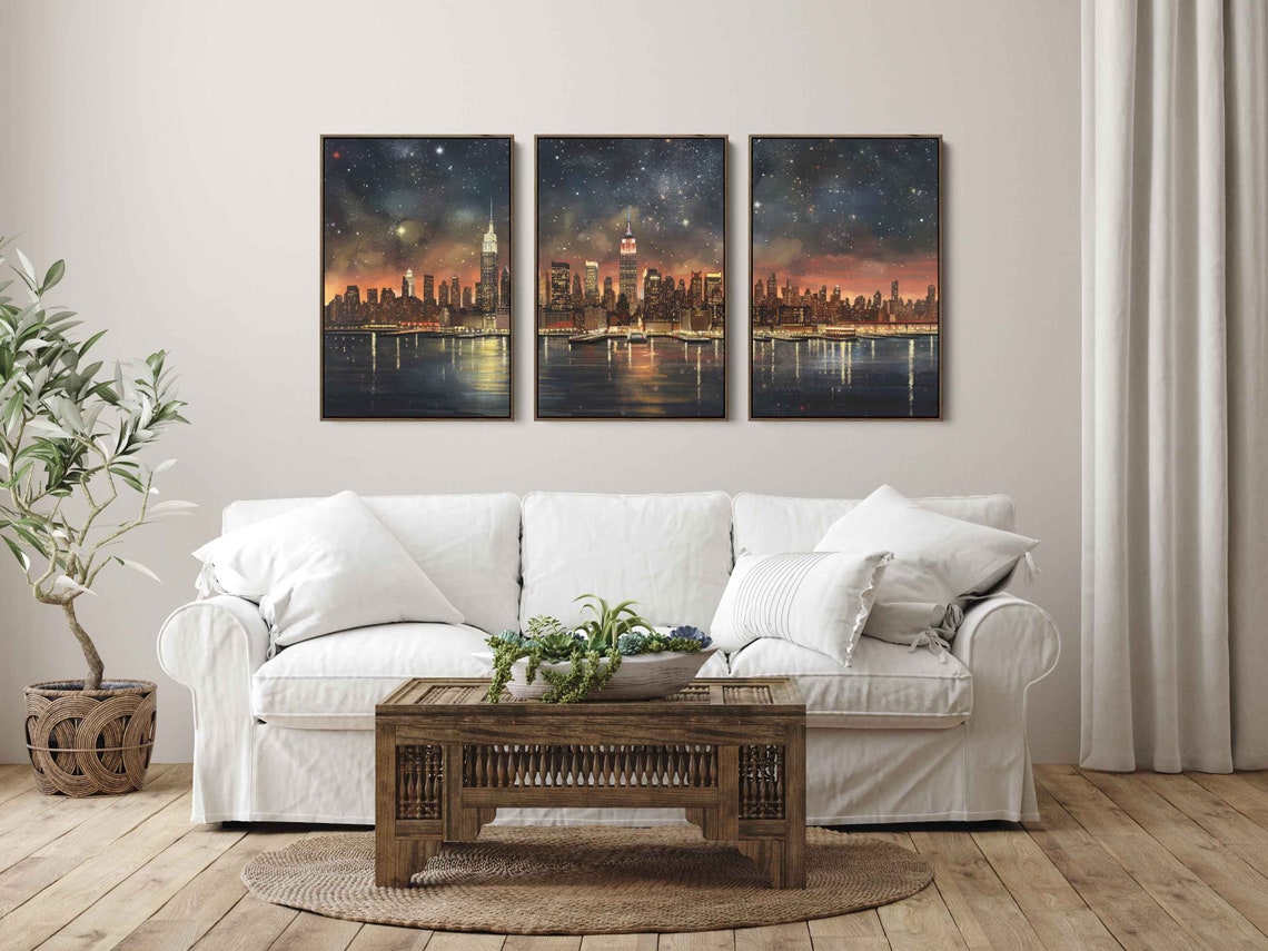 New York Skyline Triptych Wall Art Ready To Hang Starry Sky Over Hudson River Empire State Building Ready To Hang - Image 2