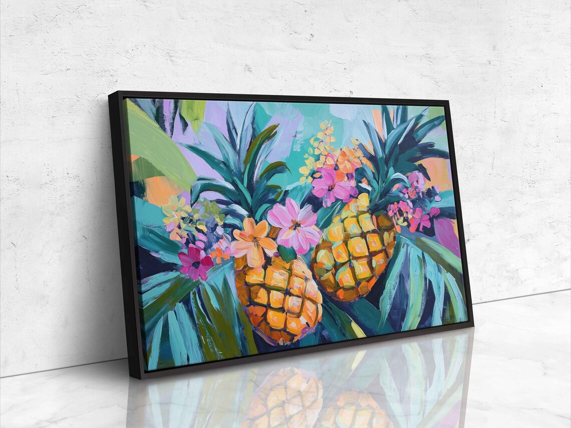 Two Pineapples Bright Flowers Palm Fronds Colorful Tropical Art Poster - Image 4