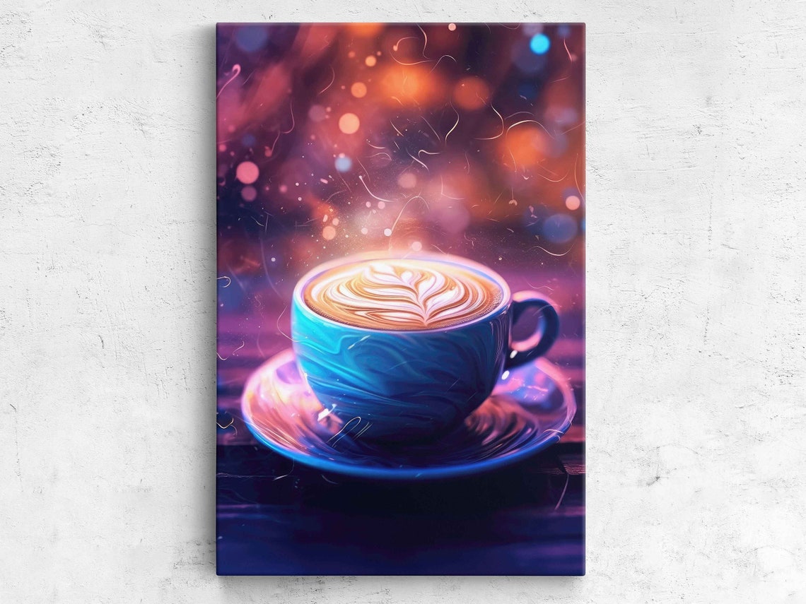 Colorful Latte Art Coffee Cup Neon Bokeh Background Wall Art Print