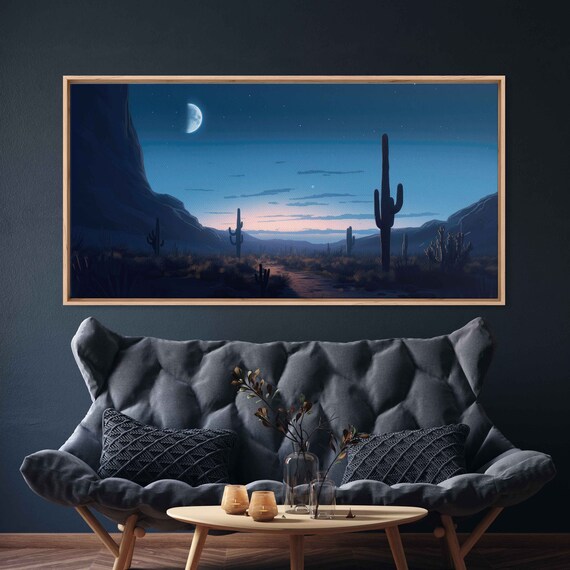 Moonlit Desert Landscape Framed Canavs Print Ready To Hang Large Wall Art Living Room Decor Western Art
