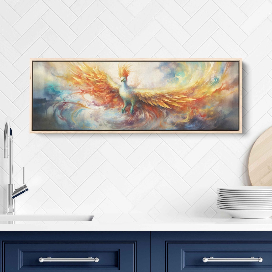 Colorful Phoenix Rising Watercolor Pastel Mythology Bird Panoramic Art - Image 3