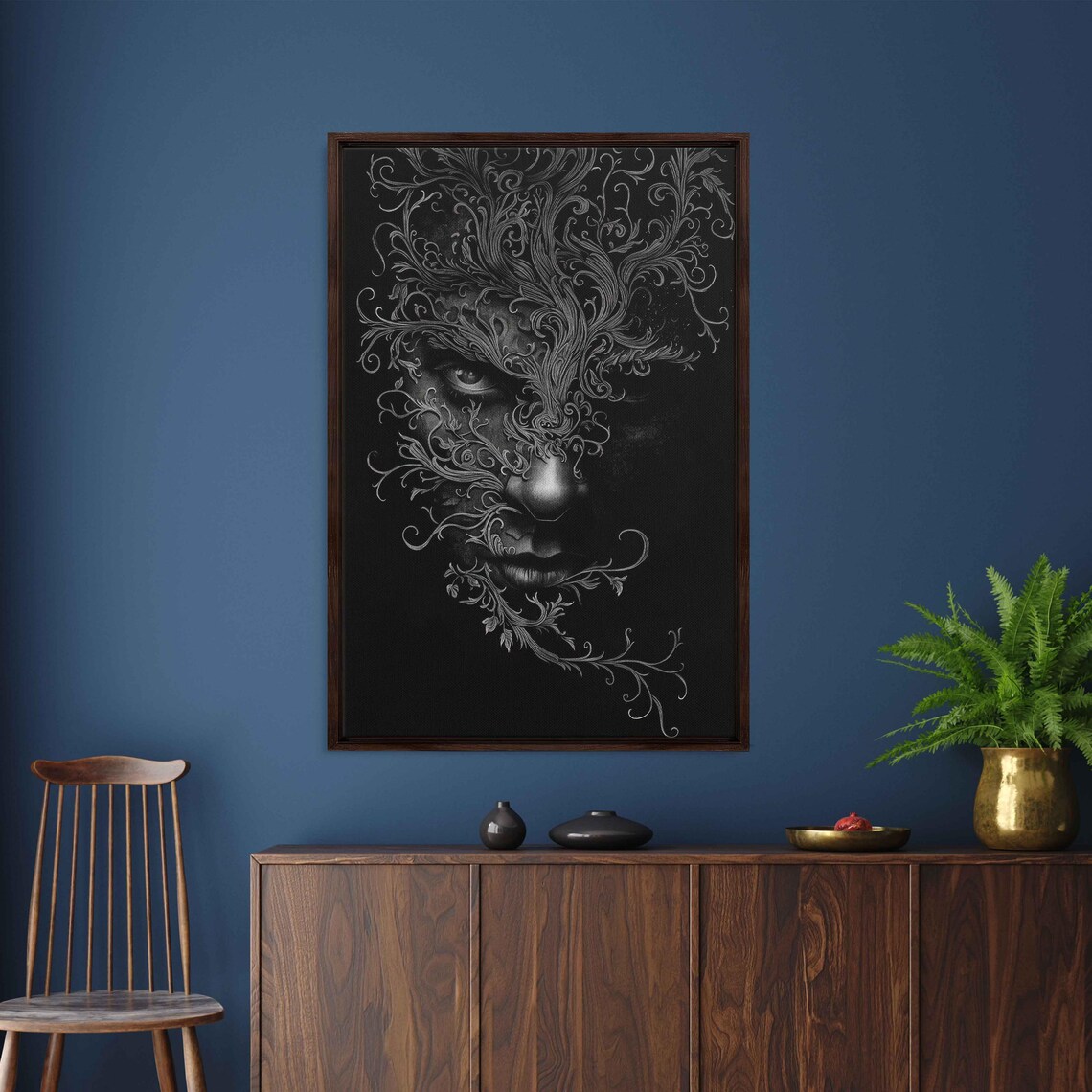 Mysterious Gothic Face Emerging From Ornate Filigree Swirls Monochrome Art Poster