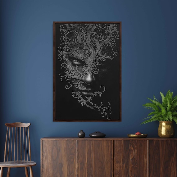 Mysterious Gothic Face Emerging From Ornate Filigree Swirls Monochrome Art Poster