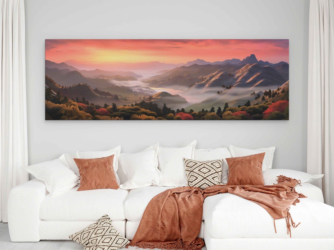 Panoramic Mountain Landscape Foggy Rolling Hills Sunset Sky Print On Ready To Hang - Image 2