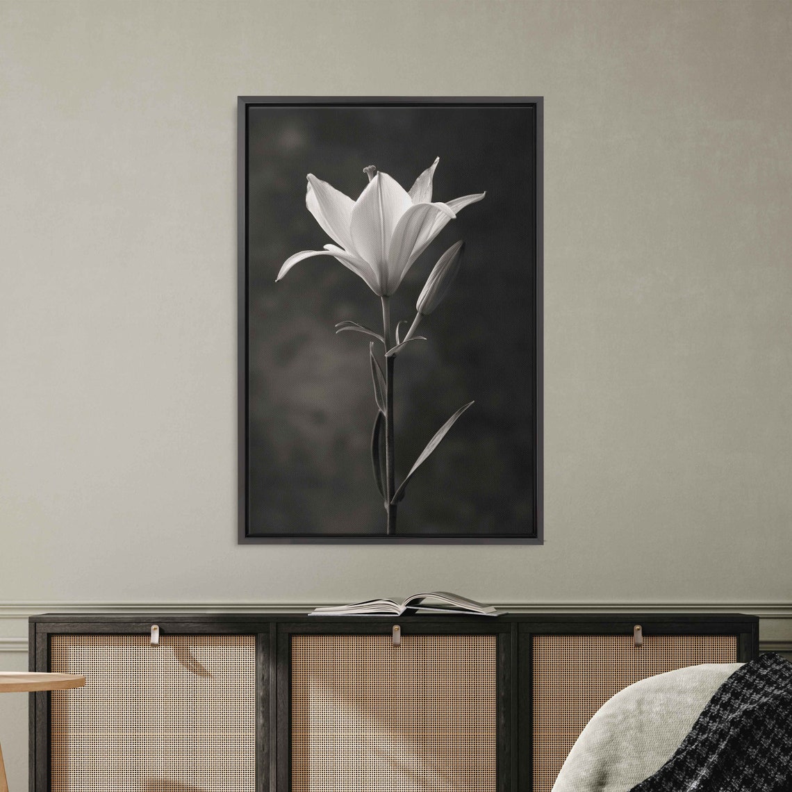 White Lily Flower Black And White Dark Background Floral Art Print