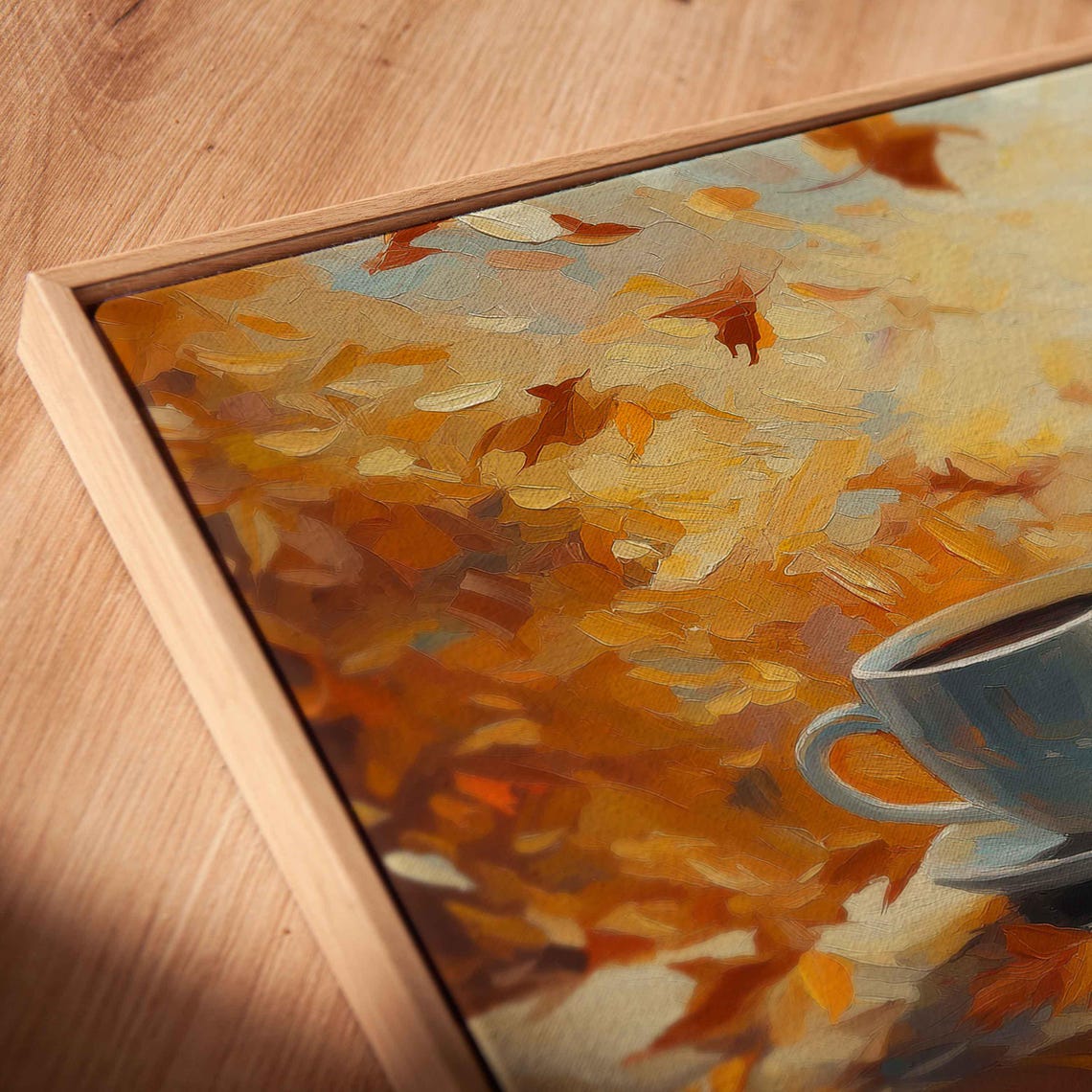 Open Book And Coffee Cup With Swirling Autumn Leaves Painting - Image 2