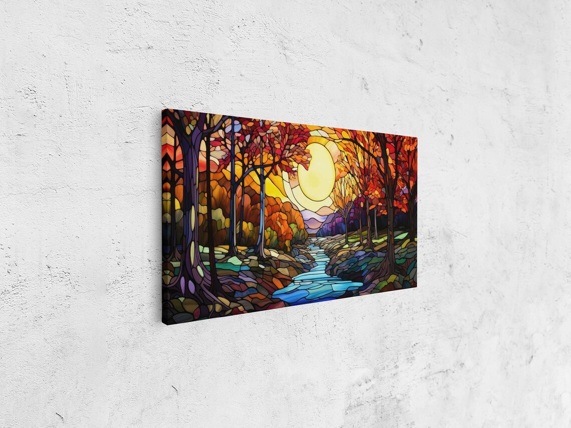 Mosaic Sunlit Forest Stream Wall Art Print Beautiful Vibrant Colors Mountain Range Ready To Hang - Image 4