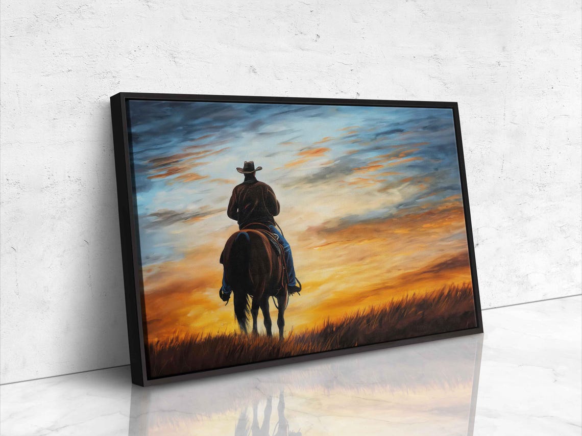 Cowboy Riding Horse Into Sunset Silhouette Western Scenic Poster - Image 4