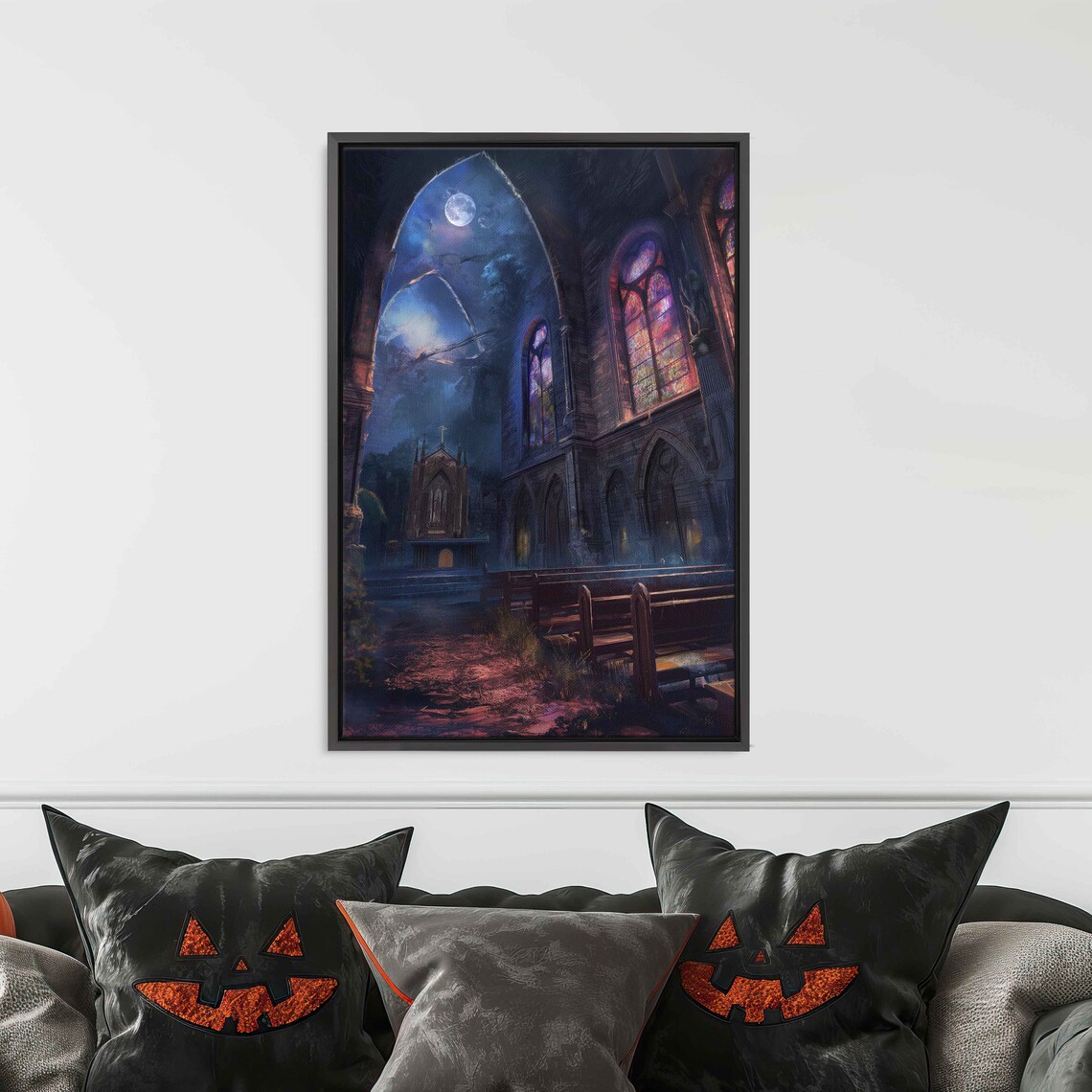 Abandoned Church Moonlit Ruins Broken Stained Glass Gothic Night Poster - Image 3