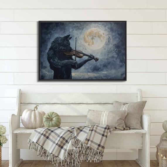 Werewolf Playing Violin Under Full Moon Night Sky Painting Poster